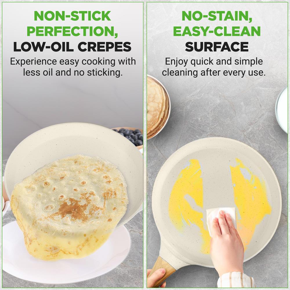 NutriChef 9.45” Non-Stick Crepe Pan with Wooden Spreader, Durable Marble Coated Dosa Pan, Bakelite Handle and Induction Bottom, PFOA/PFOS Free, Dishwasher Safe, Even Heat Distribution (White Cream)