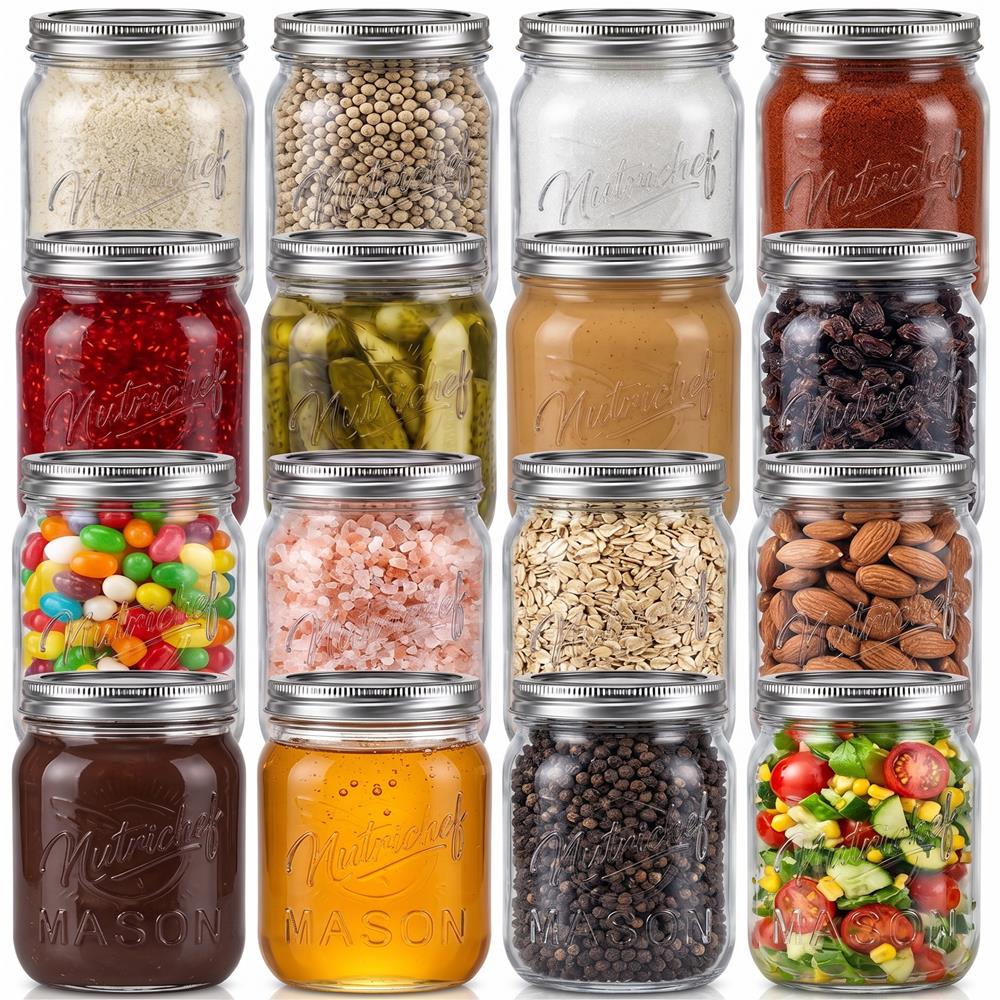 NutriChef 16-Pack 16 oz Mason Jars with Lids - Thick Glass Canning Jars with Stainless Steel Lids - Ideal for DIY Spices, Meal Prep, Overnight Oats, Jelly, Jam, Honey, Candles, Crafts, & More