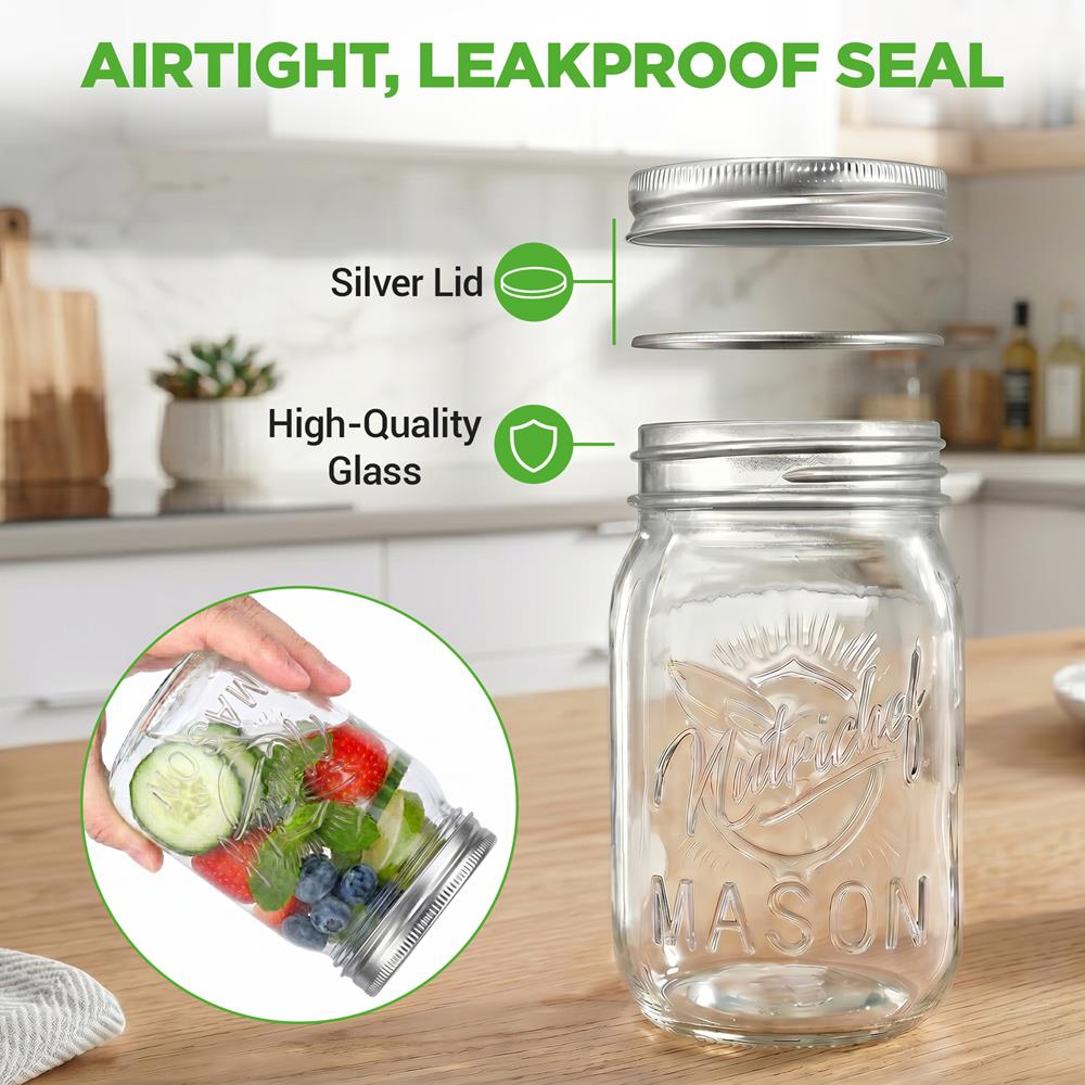NutriChef 16-Pack 16 oz Mason Jars with Lids - Thick Glass Canning Jars with Stainless Steel Lids - Ideal for DIY Spices, Meal Prep, Overnight Oats, Jelly, Jam, Honey, Candles, Crafts, & More