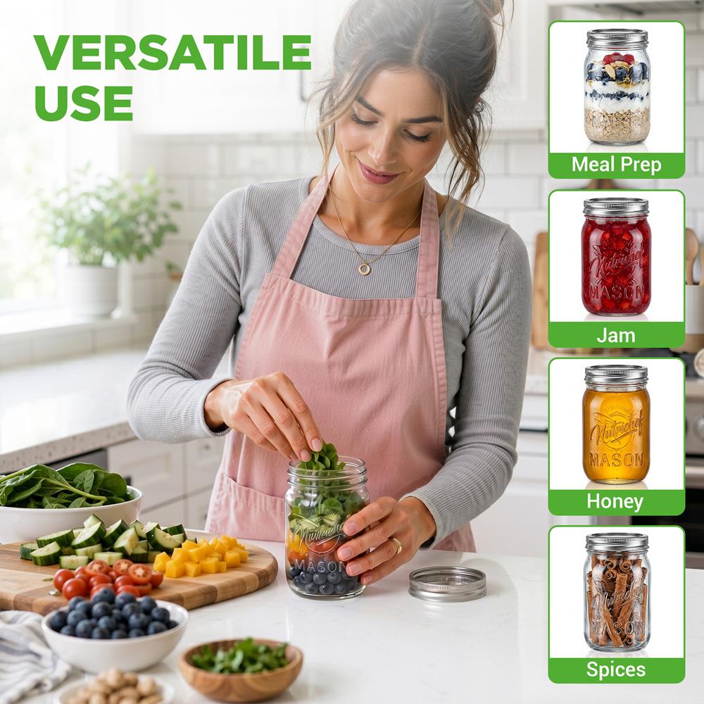 NutriChef 16-Pack 16 oz Mason Jars with Lids - Thick Glass Canning Jars with Stainless Steel Lids - Ideal for DIY Spices, Meal Prep, Overnight Oats, Jelly, Jam, Honey, Candles, Crafts, & More