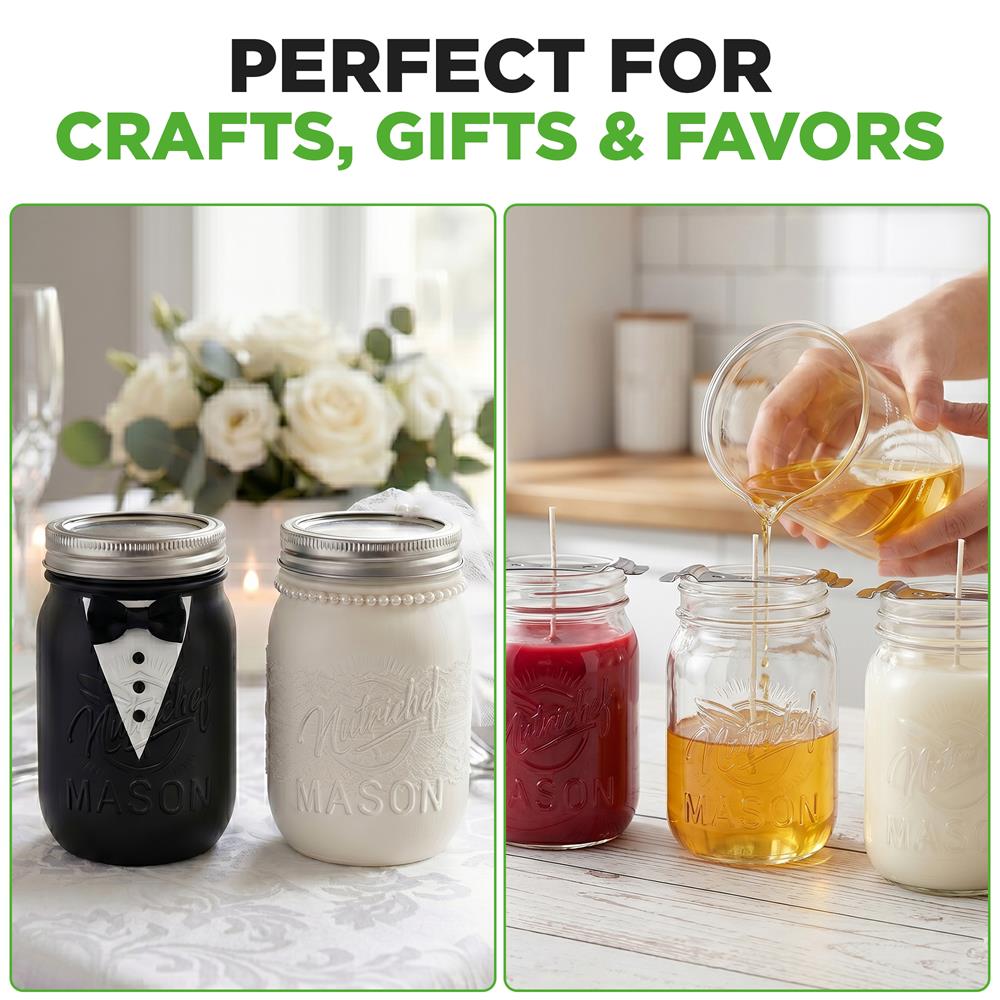 NutriChef 16-Pack 16 oz Mason Jars with Lids - Thick Glass Canning Jars with Stainless Steel Lids - Ideal for DIY Spices, Meal Prep, Overnight Oats, Jelly, Jam, Honey, Candles, Crafts, & More