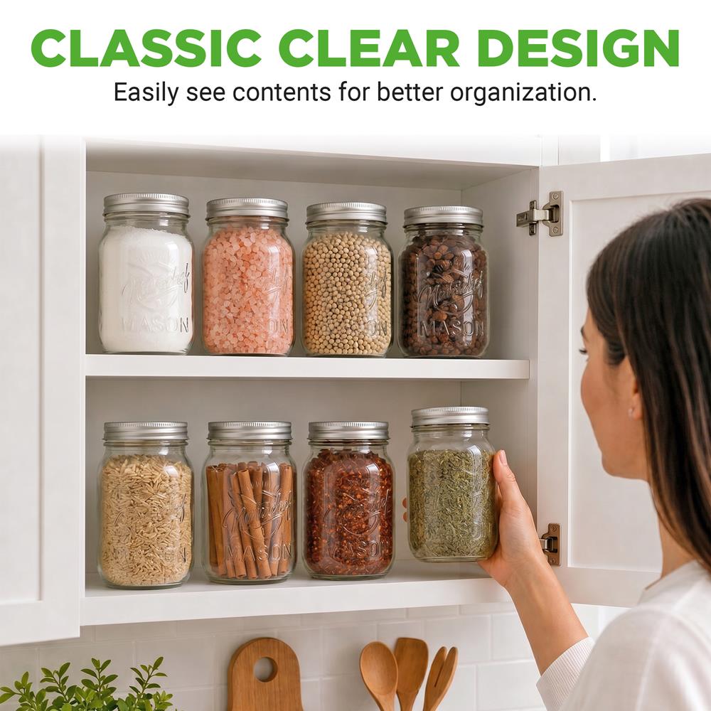 NutriChef 16-Pack 16 oz Mason Jars with Lids - Thick Glass Canning Jars with Stainless Steel Lids - Ideal for DIY Spices, Meal Prep, Overnight Oats, Jelly, Jam, Honey, Candles, Crafts, & More