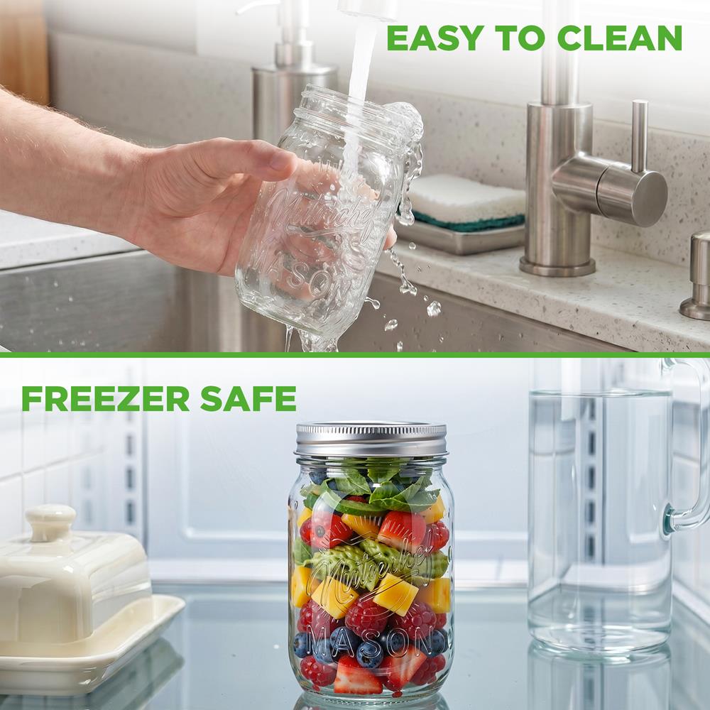 NutriChef 16-Pack 16 oz Mason Jars with Lids - Thick Glass Canning Jars with Stainless Steel Lids - Ideal for DIY Spices, Meal Prep, Overnight Oats, Jelly, Jam, Honey, Candles, Crafts, & More