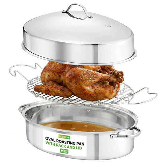 NutriChef 20" Oval Roasting Pan with Rack and Lid - Premium Stainless Steel Roaster Dish w/ Wide Handles & Removable Rack, Multi-Use Cookware for Turkey, Chicken, Stews, & More - Dishwasher Safe