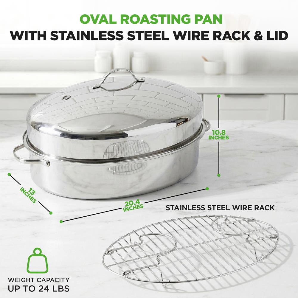 NutriChef 20" Oval Roasting Pan with Rack and Lid - Premium Stainless Steel Roaster Dish w/ Wide Handles & Removable Rack, Multi-Use Cookware for Turkey, Chicken, Stews, & More - Dishwasher Safe