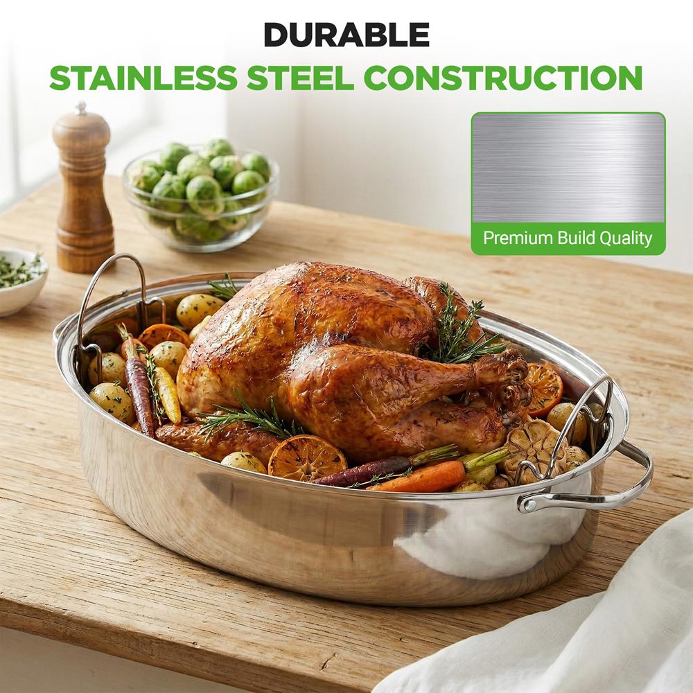 NutriChef 20" Oval Roasting Pan with Rack and Lid - Premium Stainless Steel Roaster Dish w/ Wide Handles & Removable Rack, Multi-Use Cookware for Turkey, Chicken, Stews, & More - Dishwasher Safe