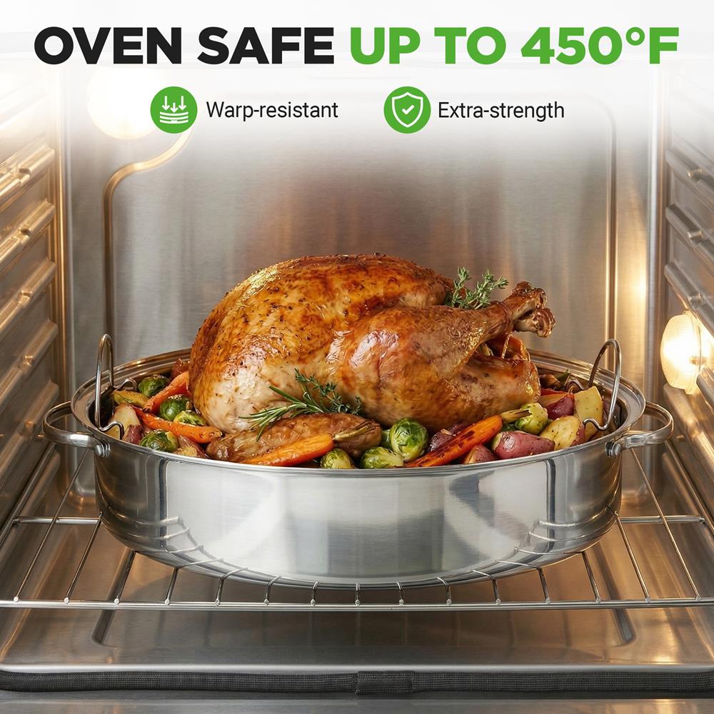 NutriChef 20" Oval Roasting Pan with Rack and Lid - Premium Stainless Steel Roaster Dish w/ Wide Handles & Removable Rack, Multi-Use Cookware for Turkey, Chicken, Stews, & More - Dishwasher Safe