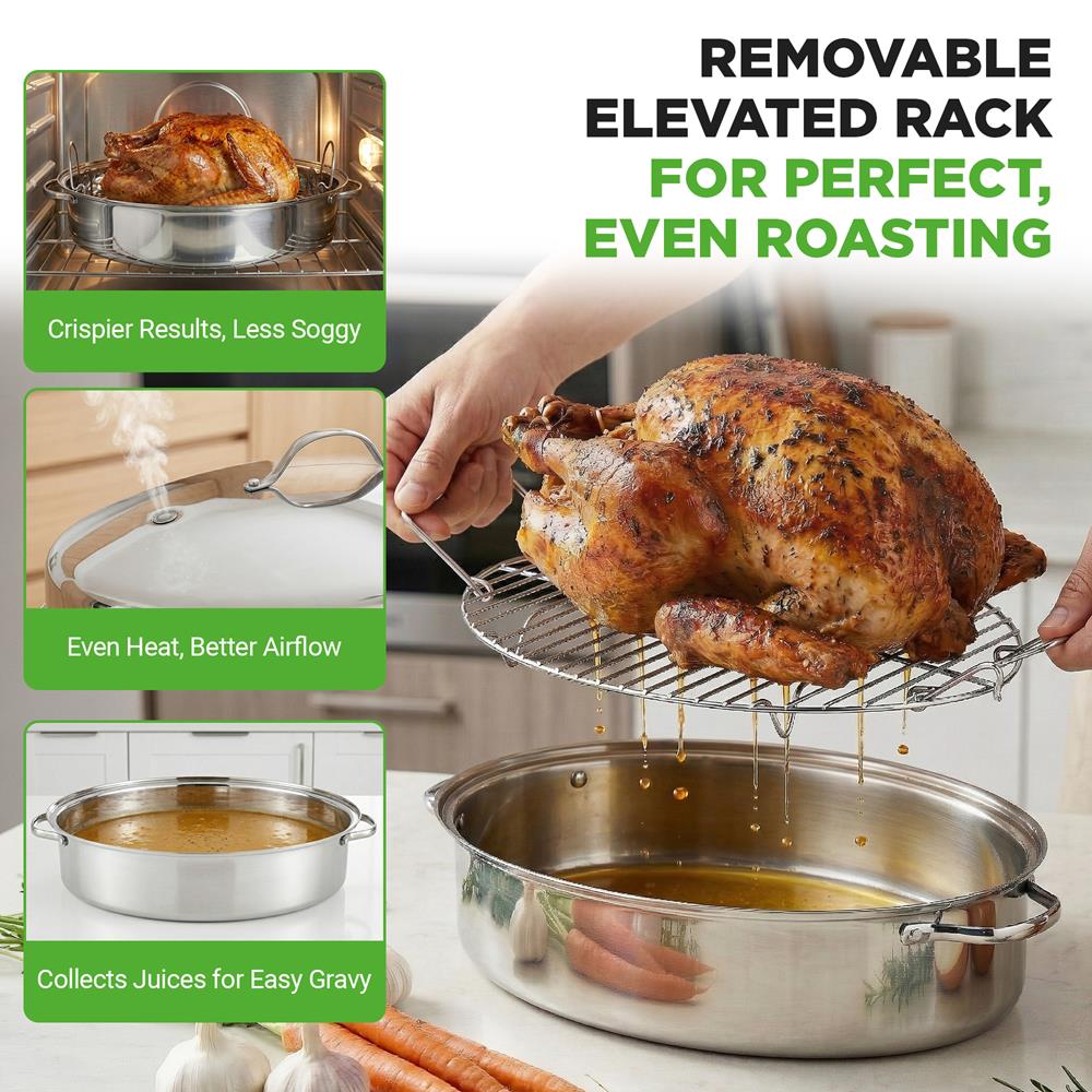 NutriChef 20" Oval Roasting Pan with Rack and Lid - Premium Stainless Steel Roaster Dish w/ Wide Handles & Removable Rack, Multi-Use Cookware for Turkey, Chicken, Stews, & More - Dishwasher Safe