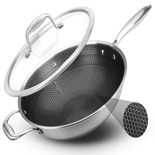 NutriChef 12" Stainless Steel Wok - Induction ready, Non Stick Tri-ply technology, Scratch-resistant Honeycomb Fire Textured Pattern