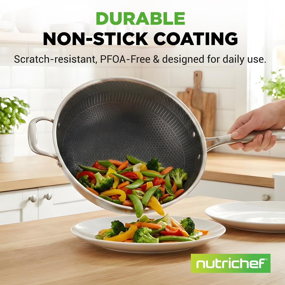 NutriChef 12" Stainless Steel Wok - Induction ready, Non Stick Tri-ply technology, Scratch-resistant Honeycomb Fire Textured Pattern