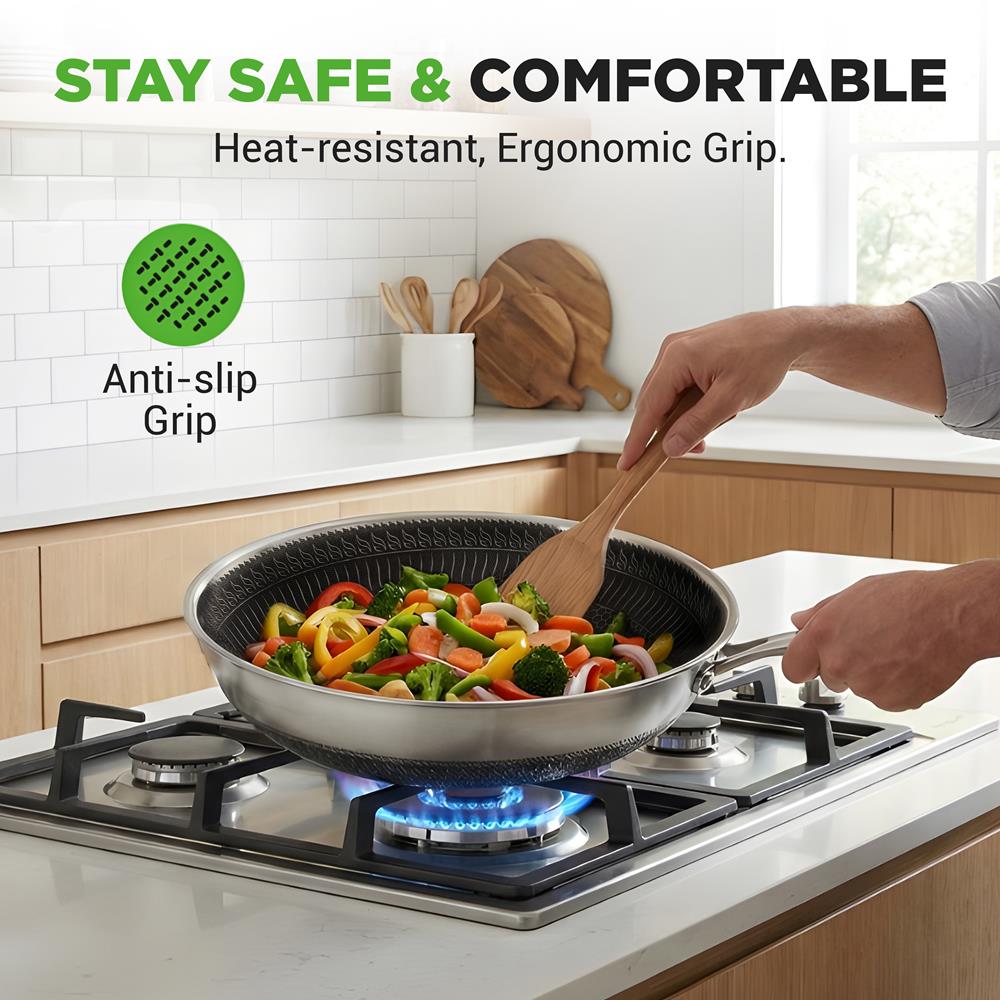 NutriChef 12" Stainless Steel Wok - Induction ready, Non Stick Tri-ply technology, Scratch-resistant Honeycomb Fire Textured Pattern