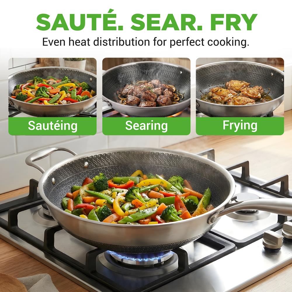 NutriChef 12" Stainless Steel Wok - Induction ready, Non Stick Tri-ply technology, Scratch-resistant Honeycomb Fire Textured Pattern