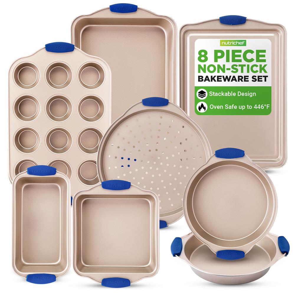 NutriChef 8-Piece Nonstick Bakeware Set - Heavy Duty Carbon Steel Baking Pans w/ Blue Silicone Handles - Pizza Crisper, Muffin & Loaf Pan, Round & Square Pans, Cookie Sheet - Easy Release & Clean