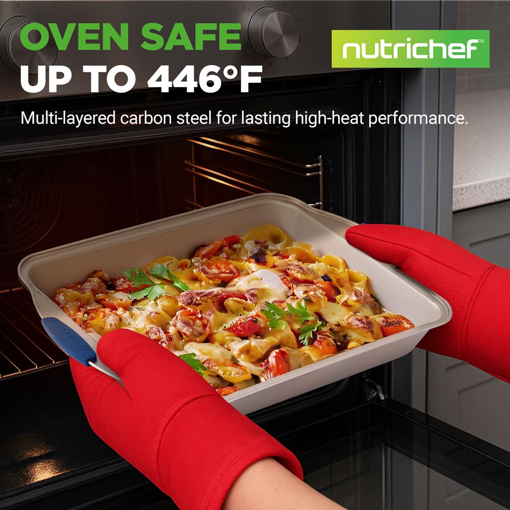 NutriChef 8-Piece Nonstick Bakeware Set - Heavy Duty Carbon Steel Baking Pans w/ Blue Silicone Handles - Pizza Crisper, Muffin & Loaf Pan, Round & Square Pans, Cookie Sheet - Easy Release & Clean