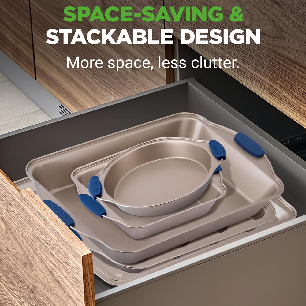 NutriChef 8-Piece Nonstick Bakeware Set - Heavy Duty Carbon Steel Baking Pans w/ Blue Silicone Handles - Pizza Crisper, Muffin & Loaf Pan, Round & Square Pans, Cookie Sheet - Easy Release & Clean
