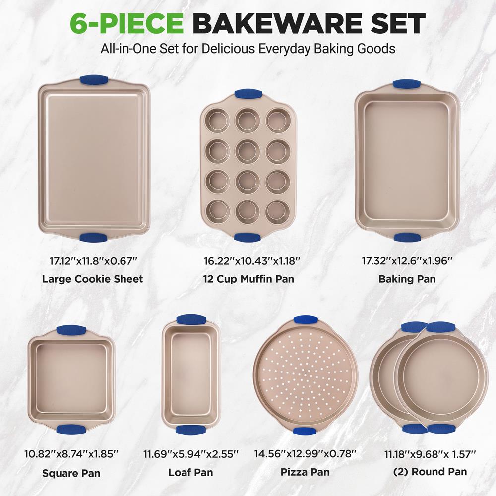 NutriChef 8-Piece Nonstick Bakeware Set - Heavy Duty Carbon Steel Baking Pans w/ Blue Silicone Handles - Pizza Crisper, Muffin & Loaf Pan, Round & Square Pans, Cookie Sheet - Easy Release & Clean
