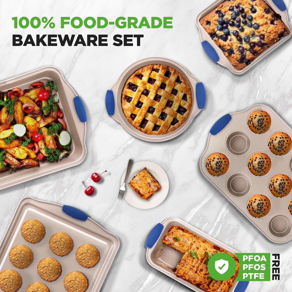 NutriChef 8-Piece Nonstick Bakeware Set - Heavy Duty Carbon Steel Baking Pans w/ Blue Silicone Handles - Pizza Crisper, Muffin & Loaf Pan, Round & Square Pans, Cookie Sheet - Easy Release & Clean