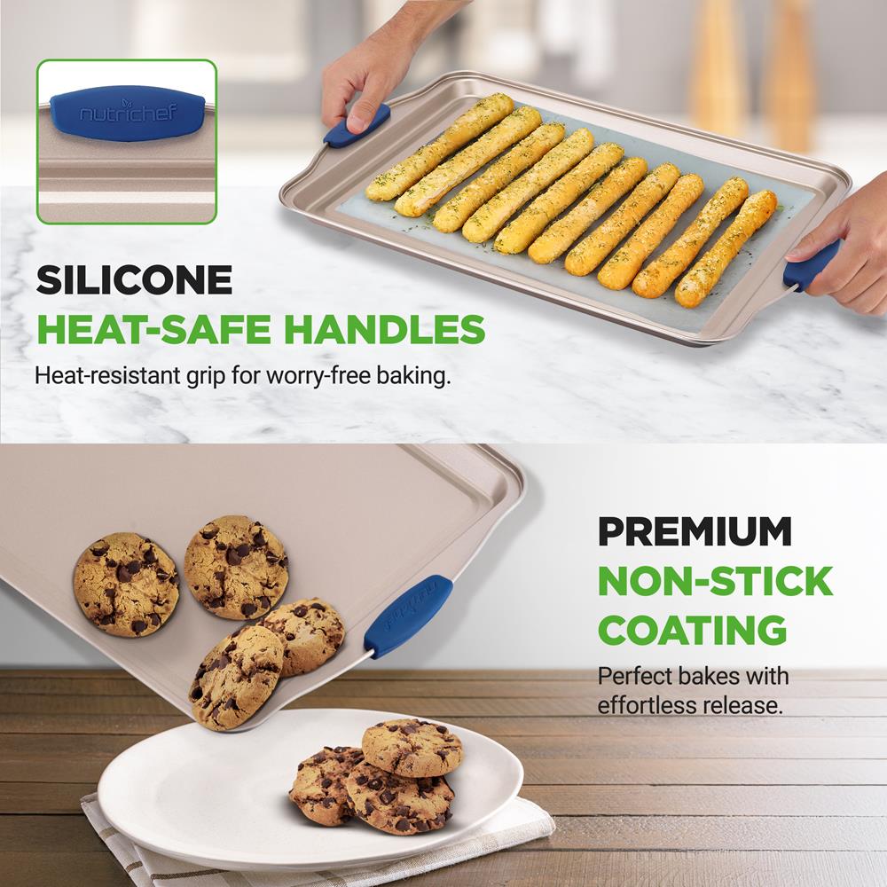 NutriChef 8-Piece Nonstick Bakeware Set - Heavy Duty Carbon Steel Baking Pans w/ Blue Silicone Handles - Pizza Crisper, Muffin & Loaf Pan, Round & Square Pans, Cookie Sheet - Easy Release & Clean