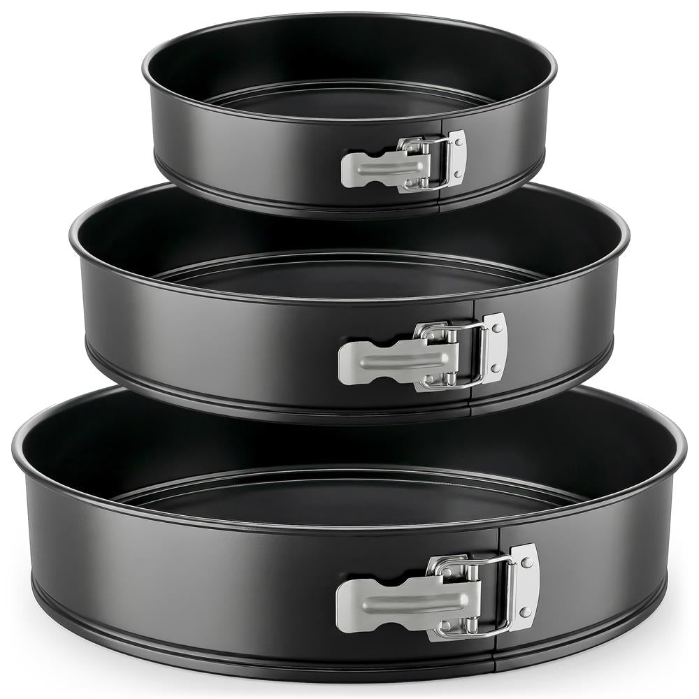 NutriChef 3 Piece Nonstick Springform Pan Set | 3 Tiered Sizes 6, 8 & 10 Inch Pans | Carbon Steel Cheesecake Pans | Stainless Steel Clasps | Oven Safe to 450 F | Includes 300 Parchment Papers | Black