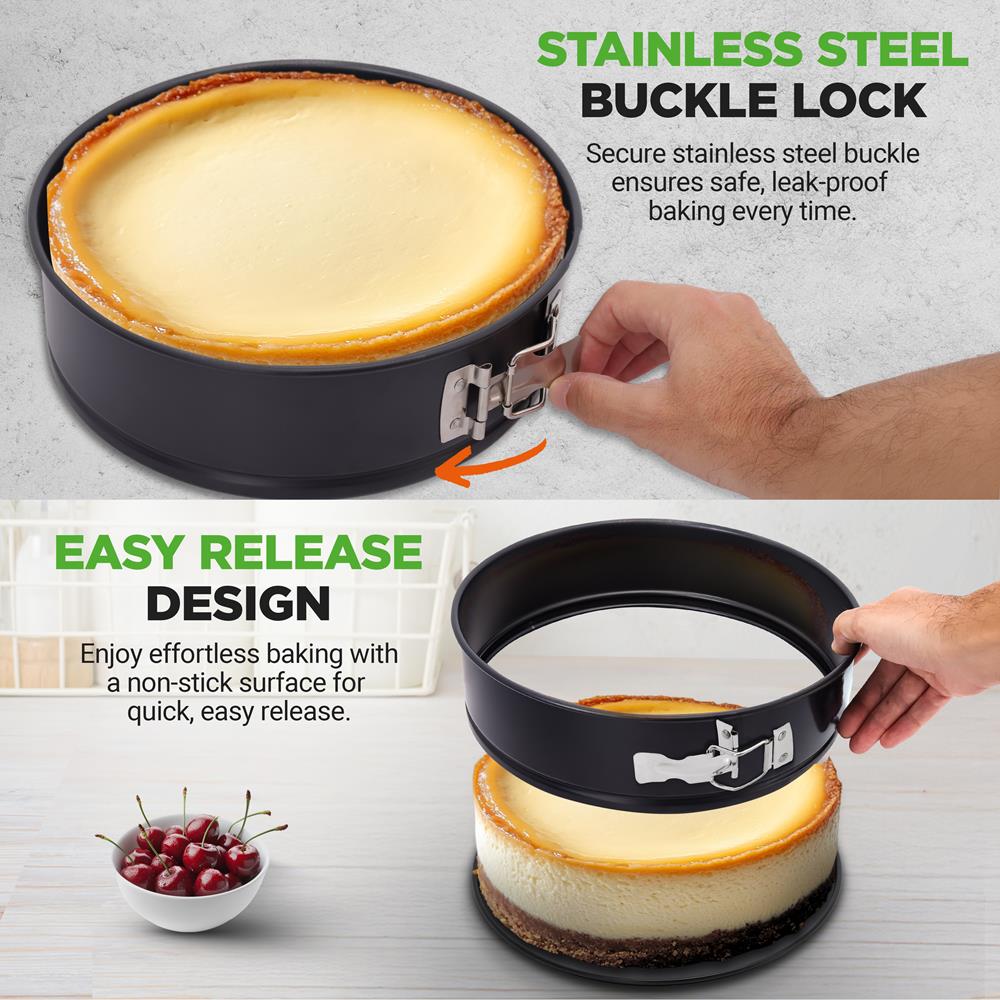 NutriChef 3 Piece Nonstick Springform Pan Set | 3 Tiered Sizes 6, 8 & 10 Inch Pans | Carbon Steel Cheesecake Pans | Stainless Steel Clasps | Oven Safe to 450 F | Includes 300 Parchment Papers | Black