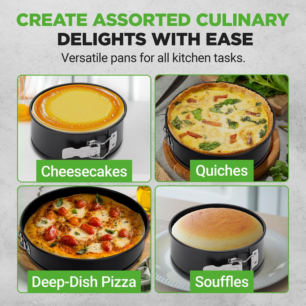 NutriChef 3 Piece Nonstick Springform Pan Set | 3 Tiered Sizes 6, 8 & 10 Inch Pans | Carbon Steel Cheesecake Pans | Stainless Steel Clasps | Oven Safe to 450 F | Includes 300 Parchment Papers | Black