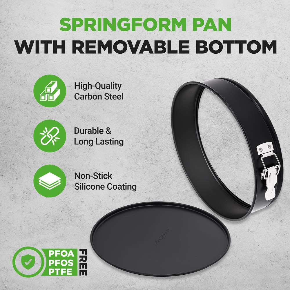 NutriChef 9 Inch Nonstick Cheesecake Springform Cake Pan | Stainless Steel Clasp & Removable Bottom | Durable Carbon Steel Cheesecake Pan | Easy to Clean | Includes 100 Parchment Papers | Black