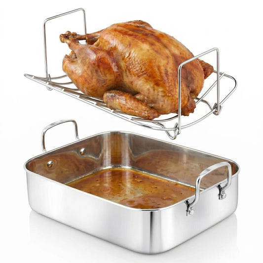 NutriChef 14-Inch Stainless Steel Oven Roasting Pan with Polished Wire Rack - Kitchen Roaster Tray w/ Built-In Handles - Heavy Duty Bakeware for Turkey, Chicken, Meats, & More - NCTURKSS26