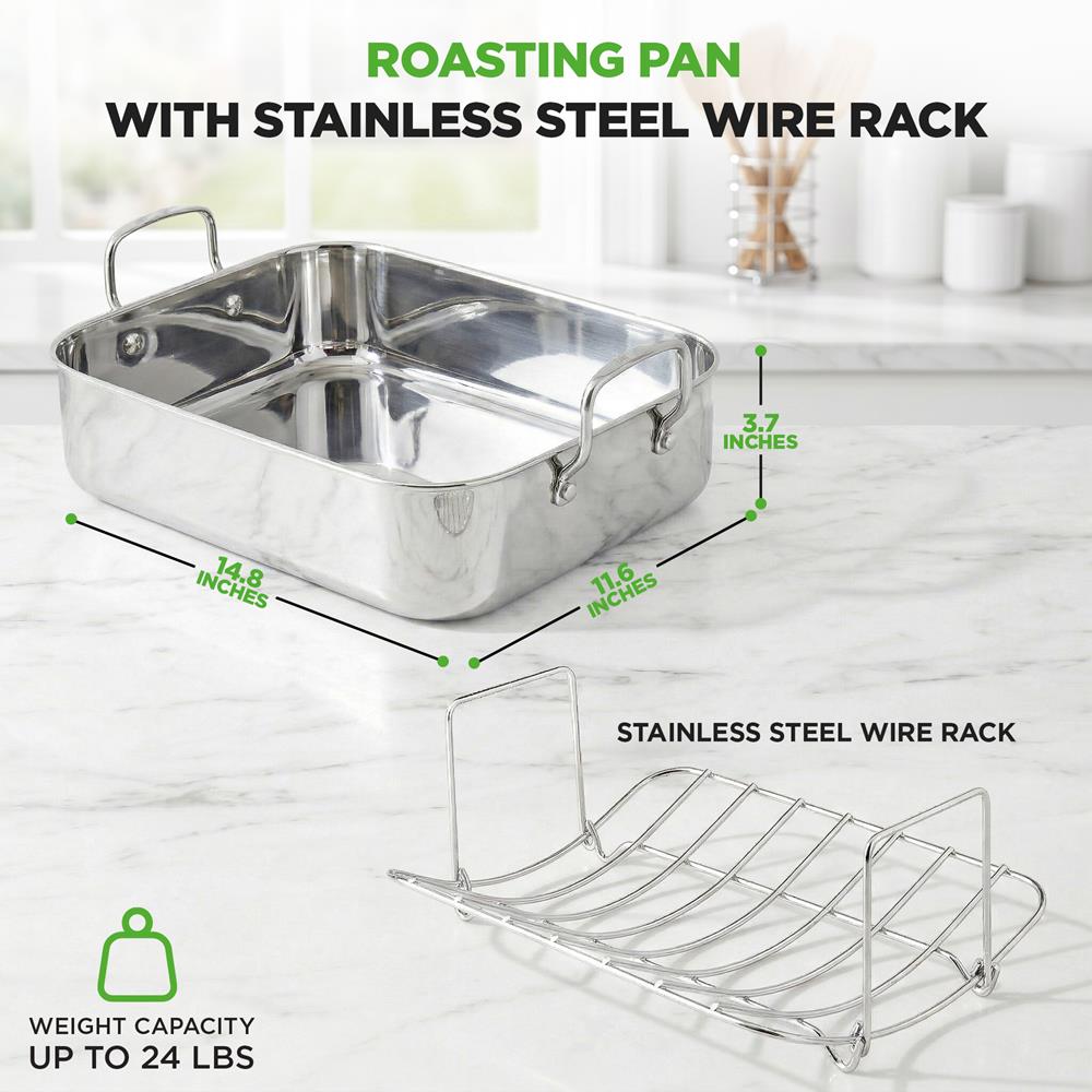 NutriChef 14-Inch Stainless Steel Oven Roasting Pan with Polished Wire Rack - Kitchen Roaster Tray w/ Built-In Handles - Heavy Duty Bakeware for Turkey, Chicken, Meats, & More - NCTURKSS26
