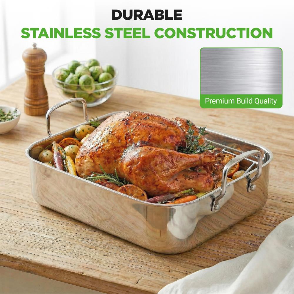 NutriChef 14-Inch Stainless Steel Oven Roasting Pan with Polished Wire Rack - Kitchen Roaster Tray w/ Built-In Handles - Heavy Duty Bakeware for Turkey, Chicken, Meats, & More - NCTURKSS26