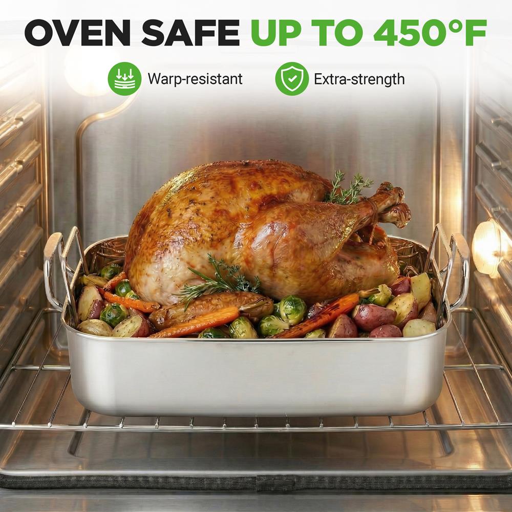 NutriChef 14-Inch Stainless Steel Oven Roasting Pan with Polished Wire Rack - Kitchen Roaster Tray w/ Built-In Handles - Heavy Duty Bakeware for Turkey, Chicken, Meats, & More - NCTURKSS26