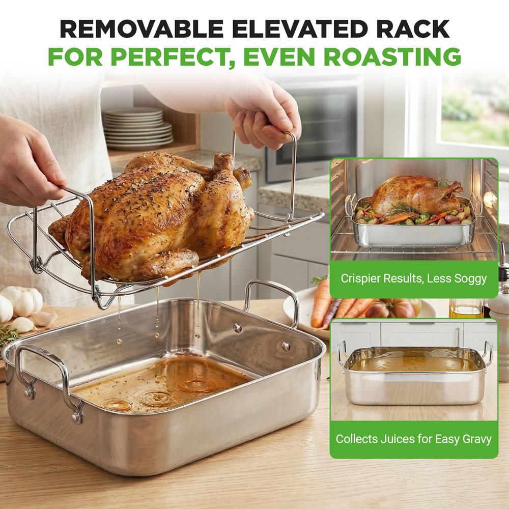 NutriChef 14-Inch Stainless Steel Oven Roasting Pan with Polished Wire Rack - Kitchen Roaster Tray w/ Built-In Handles - Heavy Duty Bakeware for Turkey, Chicken, Meats, & More - NCTURKSS26