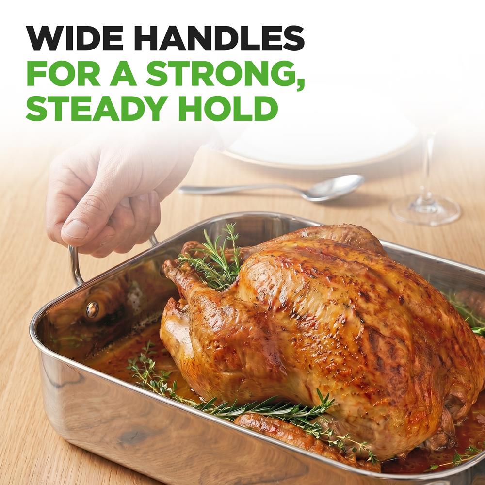 NutriChef 14-Inch Stainless Steel Oven Roasting Pan with Polished Wire Rack - Kitchen Roaster Tray w/ Built-In Handles - Heavy Duty Bakeware for Turkey, Chicken, Meats, & More - NCTURKSS26