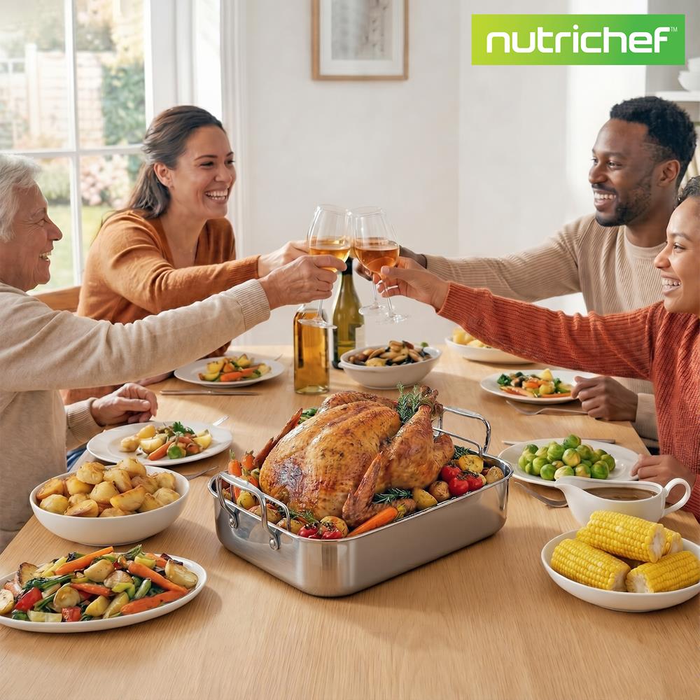 NutriChef 14-Inch Stainless Steel Oven Roasting Pan with Polished Wire Rack - Kitchen Roaster Tray w/ Built-In Handles - Heavy Duty Bakeware for Turkey, Chicken, Meats, & More - NCTURKSS26