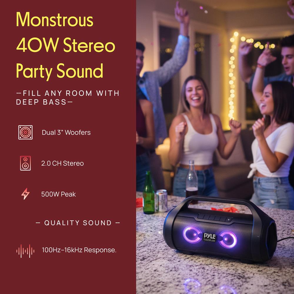 Pyle Wireless Portable Bluetooth Boombox Speaker - 40W Max 2.0CH Rechargeable Boom Box Speaker Portable Barrel Loud Stereo System with AUX Input/USB/SD/Fm Radio, 3" Subwoofer, Voice Control - PBMWP185