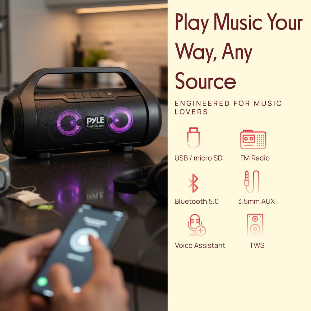Pyle Wireless Portable Bluetooth Boombox Speaker - 40W Max 2.0CH Rechargeable Boom Box Speaker Portable Barrel Loud Stereo System with AUX Input/USB/SD/Fm Radio, 3" Subwoofer, Voice Control - PBMWP185