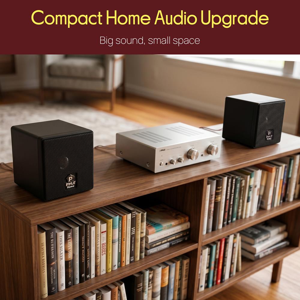 Pyle Home 3" Mini Cube Bookshelf Speakers - 100W Small Bookshelf Speakers w/ 3" Paper Cone Driver, 8 Ohm - Passive Audio Bookshelf Speaker Pair For Home Theater Stereo Surround Sound (Black)