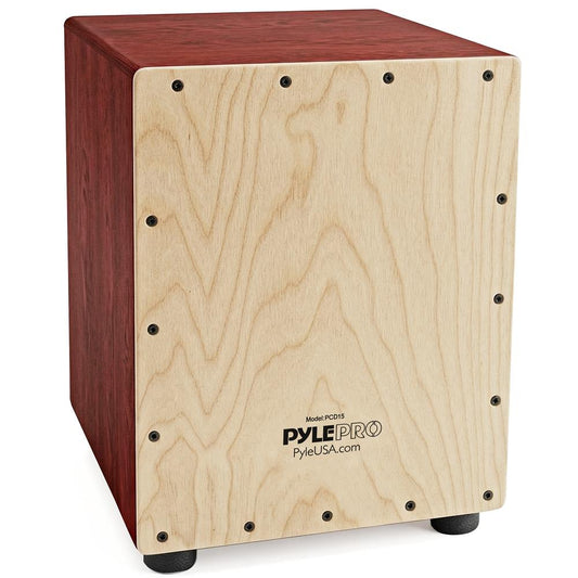 Pyle Stringed Jam Cajon, Handcrafted Birch Wood Percussion Box with Internal Guitar Strings, Compact & Lightweight Acoustic Drum, Anti-Vibration Feet, Brown (PCJD15)