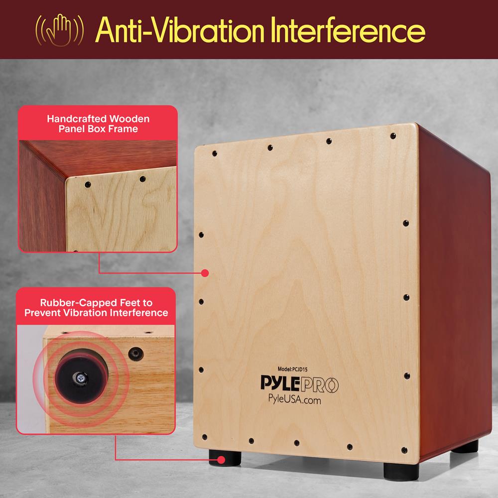 Pyle Stringed Jam Cajon, Handcrafted Birch Wood Percussion Box with Internal Guitar Strings, Compact & Lightweight Acoustic Drum, Anti-Vibration Feet, Brown (PCJD15)