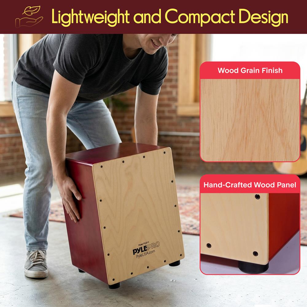Pyle Stringed Jam Cajon, Handcrafted Birch Wood Percussion Box with Internal Guitar Strings, Compact & Lightweight Acoustic Drum, Anti-Vibration Feet, Brown (PCJD15)