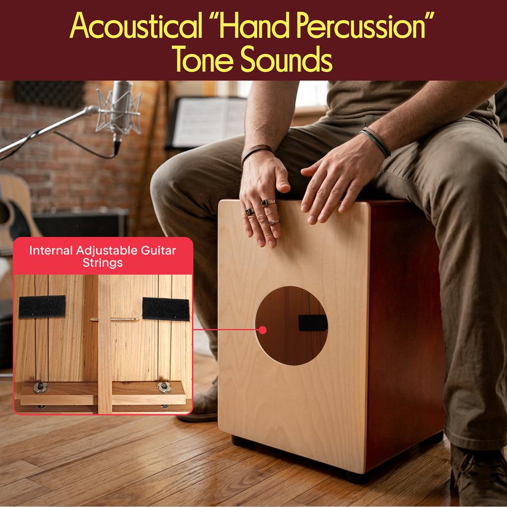 Pyle Stringed Jam Cajon, Handcrafted Birch Wood Percussion Box with Internal Guitar Strings, Compact & Lightweight Acoustic Drum, Anti-Vibration Feet, Brown (PCJD15)