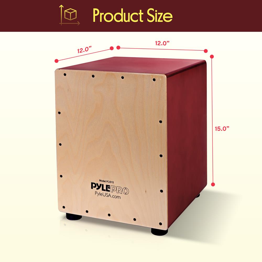 Pyle Stringed Jam Cajon, Handcrafted Birch Wood Percussion Box with Internal Guitar Strings, Compact & Lightweight Acoustic Drum, Anti-Vibration Feet, Brown (PCJD15)