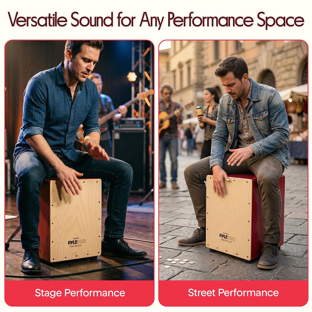 Pyle Stringed Jam Cajon, Handcrafted Birch Wood Percussion Box with Internal Guitar Strings, Compact & Lightweight Acoustic Drum, Anti-Vibration Feet, Brown (PCJD15)