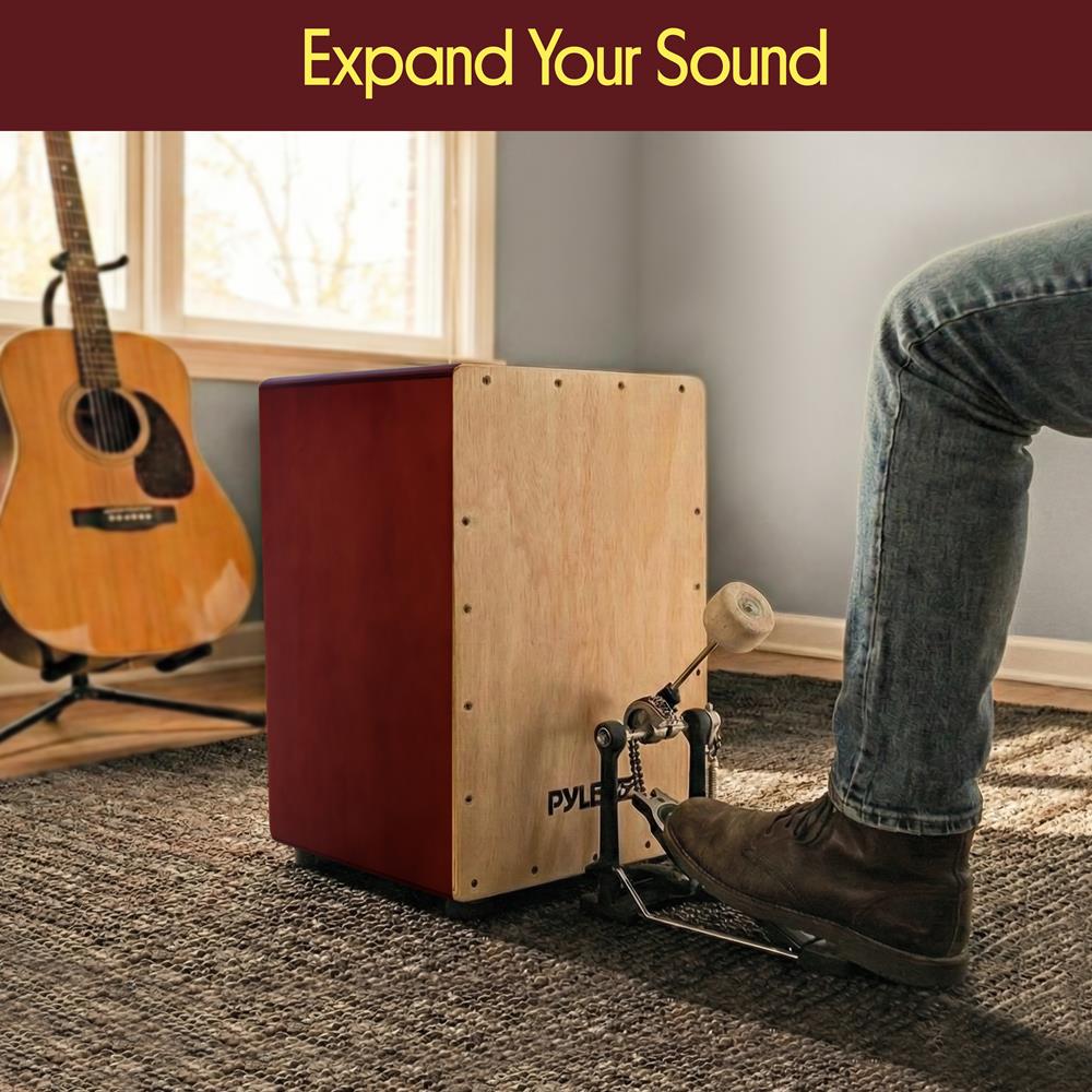 Pyle Stringed Jam Cajon, Handcrafted Birch Wood Percussion Box with Internal Guitar Strings, Compact & Lightweight Acoustic Drum, Anti-Vibration Feet, Brown (PCJD15)
