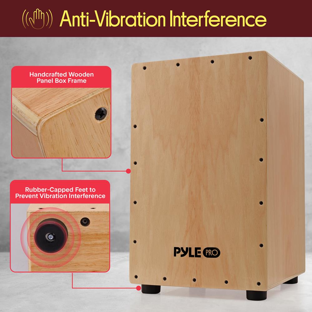 Pyle Jam Wooden Cajon, Handcraft Compact and Lightweight Percussion Box with Internal Guitar Strings, Rubber Capped Feet, Suitable for All Ages, 12.0’’ x 12.0’’ x 18.0’’ (PCJD18)