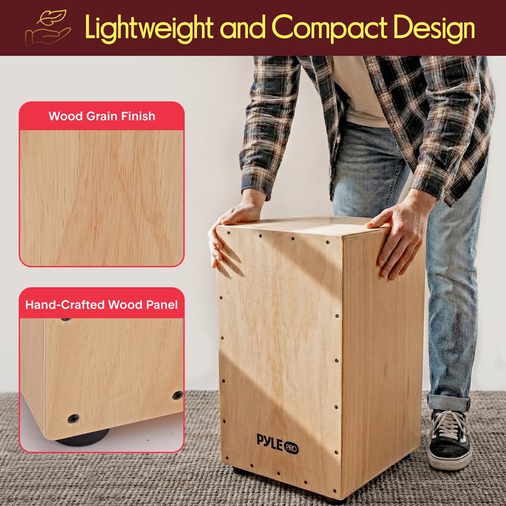 Pyle Jam Wooden Cajon, Handcraft Compact and Lightweight Percussion Box with Internal Guitar Strings, Rubber Capped Feet, Suitable for All Ages, 12.0’’ x 12.0’’ x 18.0’’ (PCJD18)