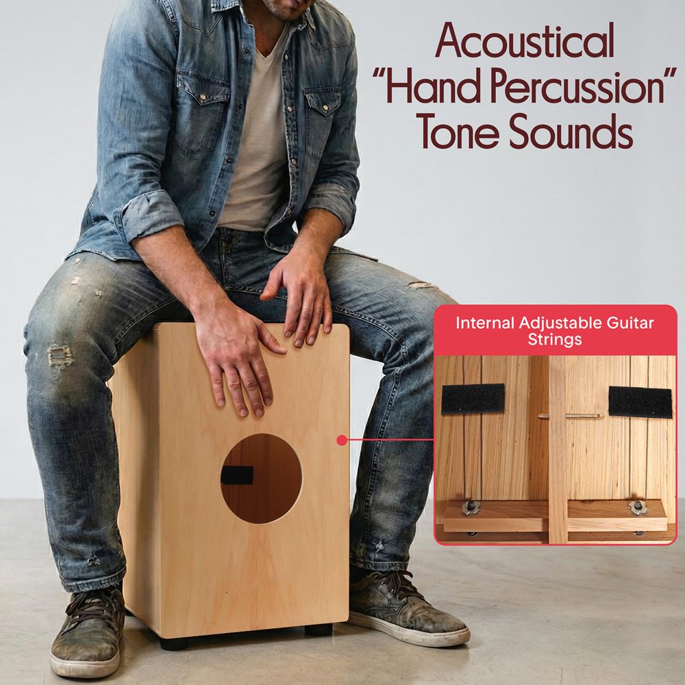 Pyle Jam Wooden Cajon, Handcraft Compact and Lightweight Percussion Box with Internal Guitar Strings, Rubber Capped Feet, Suitable for All Ages, 12.0’’ x 12.0’’ x 18.0’’ (PCJD18)