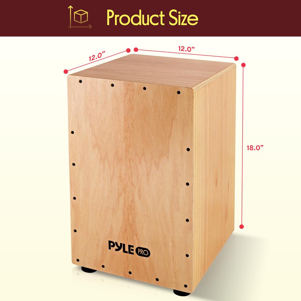 Pyle Jam Wooden Cajon, Handcraft Compact and Lightweight Percussion Box with Internal Guitar Strings, Rubber Capped Feet, Suitable for All Ages, 12.0’’ x 12.0’’ x 18.0’’ (PCJD18)
