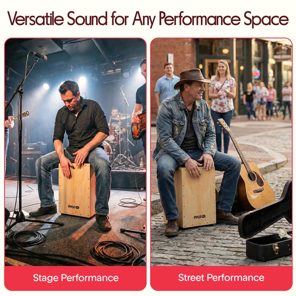 Pyle Jam Wooden Cajon, Handcraft Compact and Lightweight Percussion Box with Internal Guitar Strings, Rubber Capped Feet, Suitable for All Ages, 12.0’’ x 12.0’’ x 18.0’’ (PCJD18)