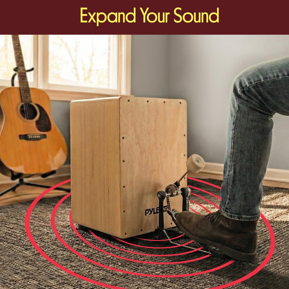 Pyle Jam Wooden Cajon, Handcraft Compact and Lightweight Percussion Box with Internal Guitar Strings, Rubber Capped Feet, Suitable for All Ages, 12.0’’ x 12.0’’ x 18.0’’ (PCJD18)