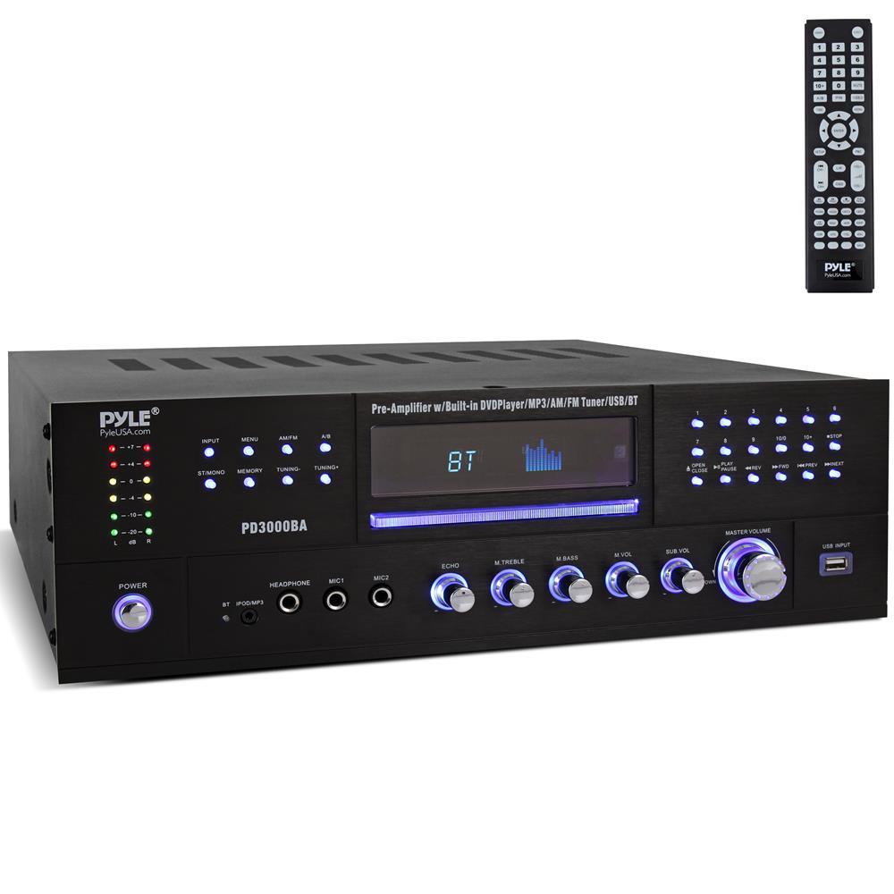 Pyle 4 Channel Wireless Bluetooth Amplifier - 3000W Peak Stereo Audio Receiver FM Radio - USB - 2 Mic Inputs w/ Echo - HDMI - 24-Bit Decode - CD/DVD - Subwoofer Output - LED - Rack Mount - PD3000BA